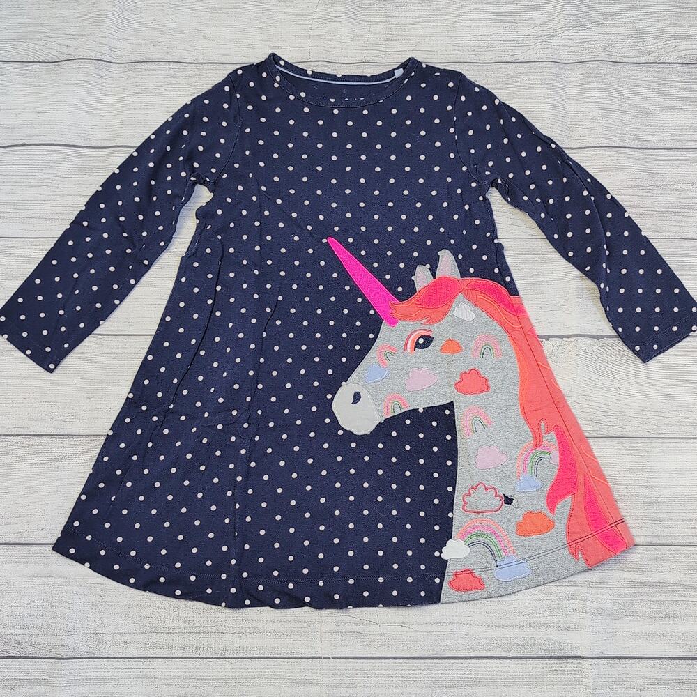 Mini Boden Navy Polka Dot Dress with Pink Unicorn Applique